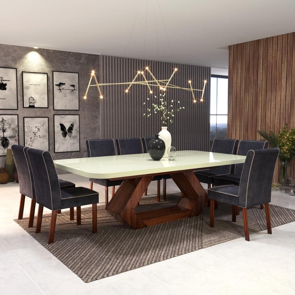 Sala de Jantar 220x110 Lottus MDF/Vidro Off 8 Cadeiras Bom Pastor