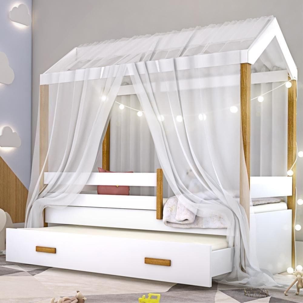 Bicama Montessori Exclusiv Solteiro Fio De Luz E Voal Branco