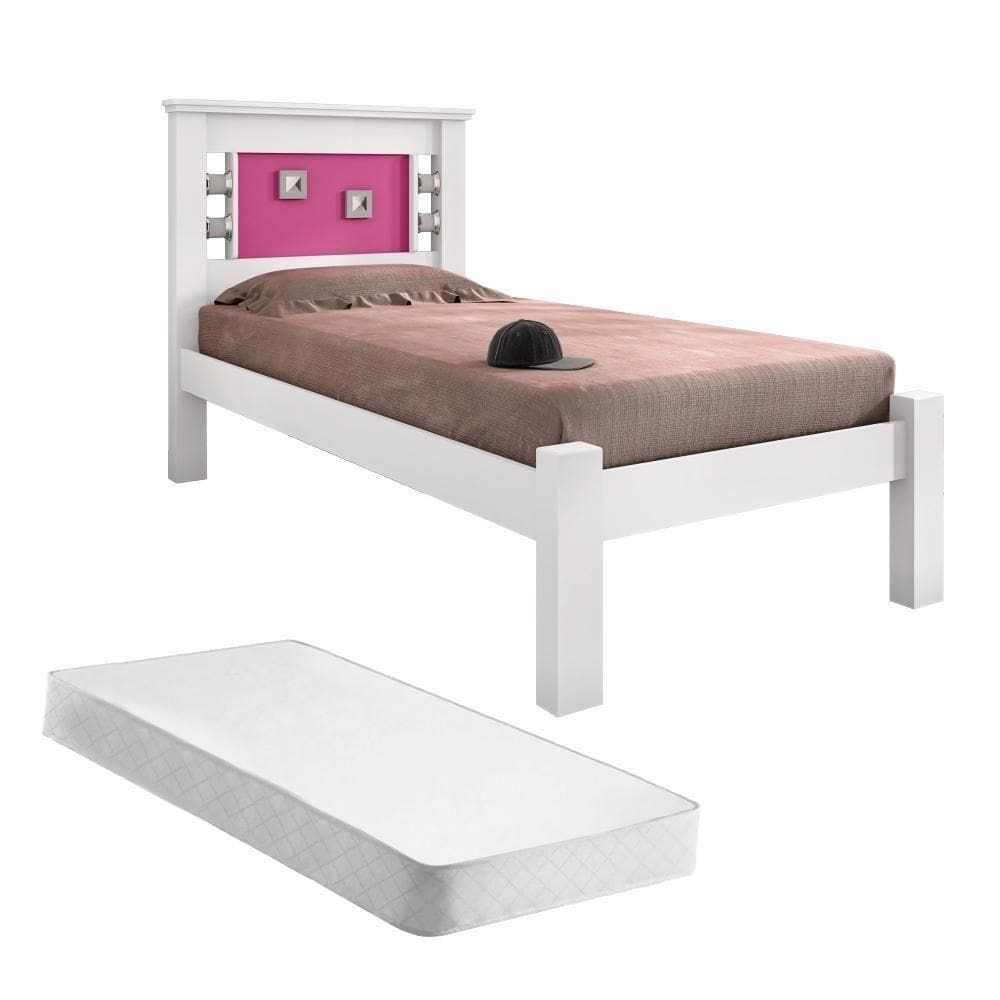 Cama Solteiro Buran Branco E Rosa Com Colchão