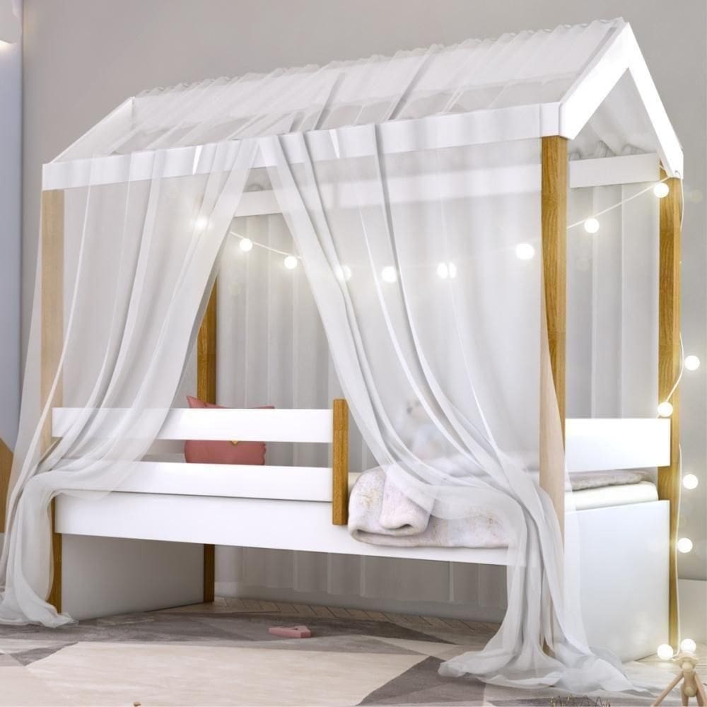 Cama Montessori Exclusiv Fio De Luz Colchão E Voal Branco