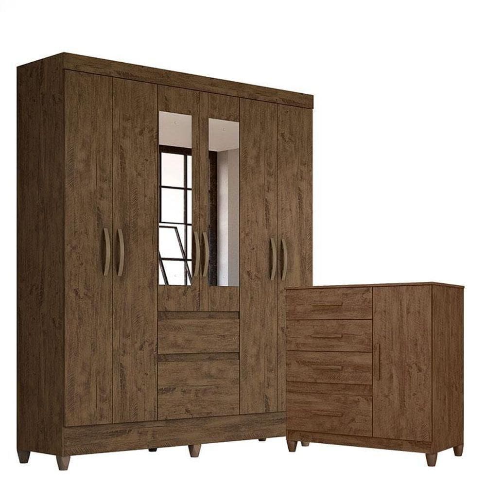 Guarda Roupa Casal New Cuba Com Espelho E Cômoda Venus Com Pés Castanho Wood - Moval