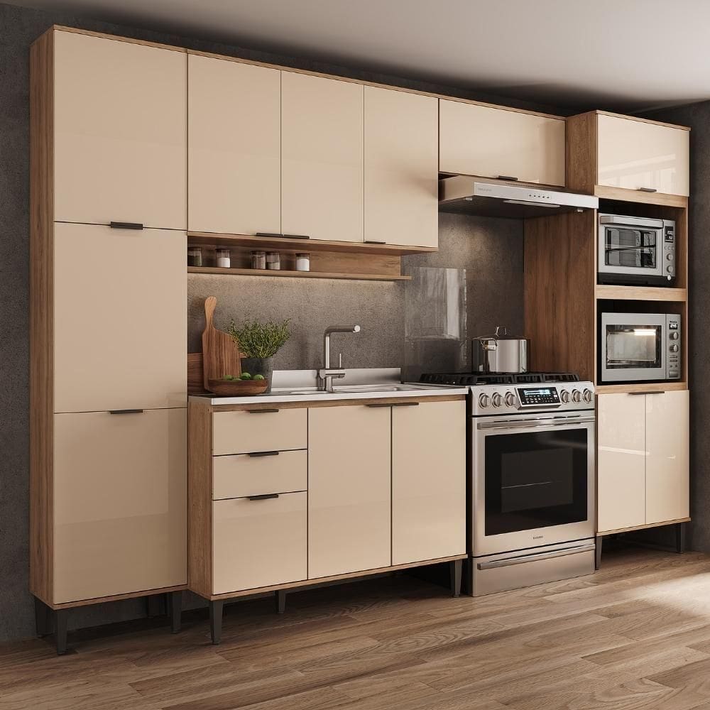 Armário De Cozinha Completa C Balcão Miami Motion Carraro Off White C Freijó