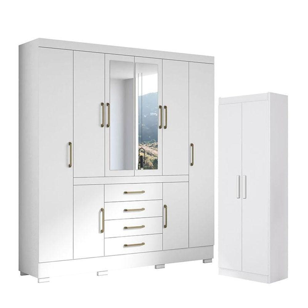 Guarda Roupa Casal Nápole 2045149 E Armário Multiuso 2000191 Branco Brilho - Aramóveis