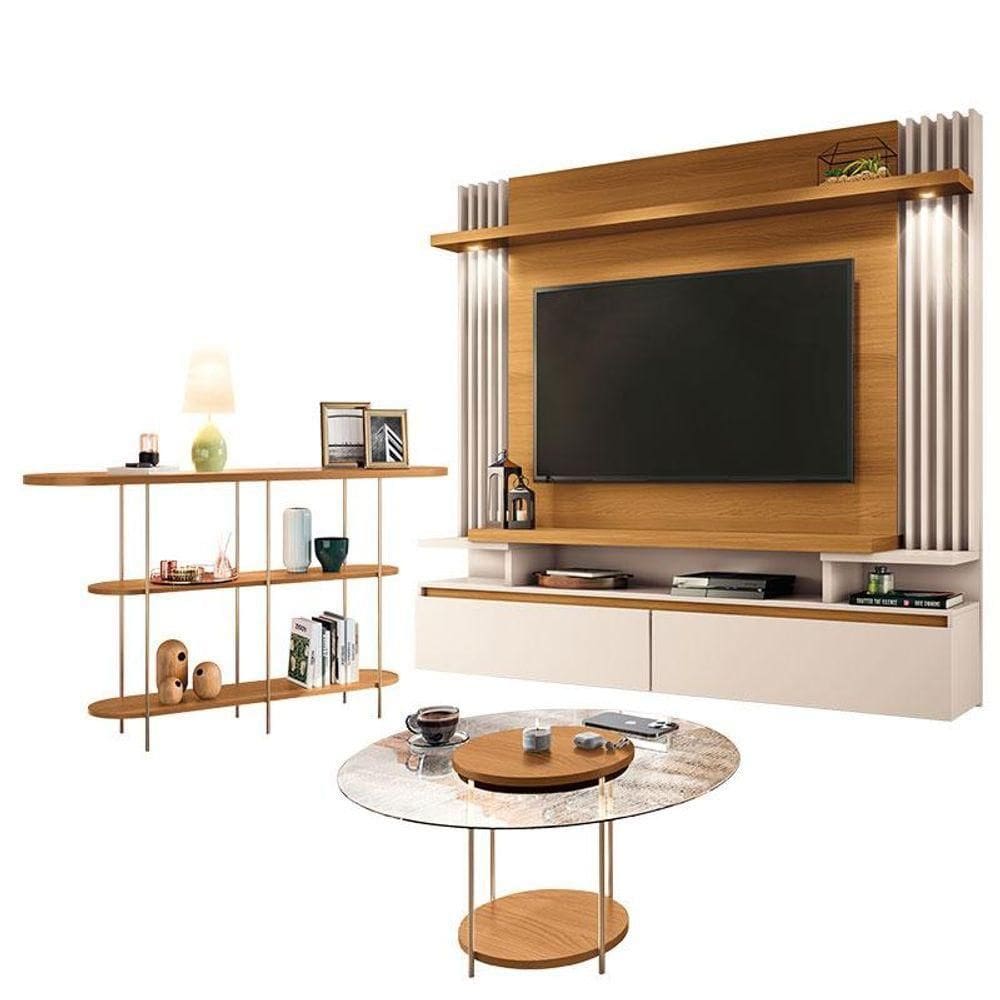 Home Suspenso Cosmo Cinamomo Off White E Aparador Infinity E Mesa De Centro Sky Com Tampo De Vidro Cinamomo- Hb Móveis