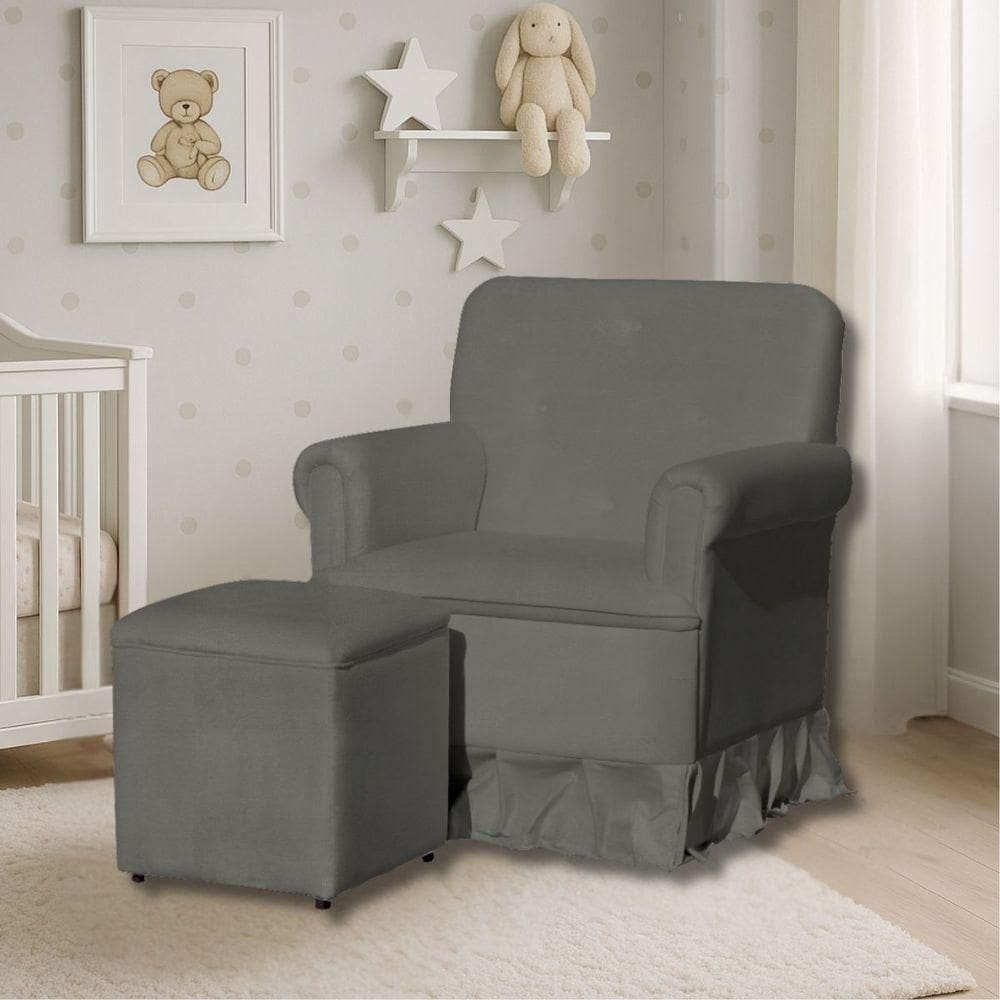 Poltrona De Amamentação Com Balanço E Puff Lavínia Veludo Veludo Cinza