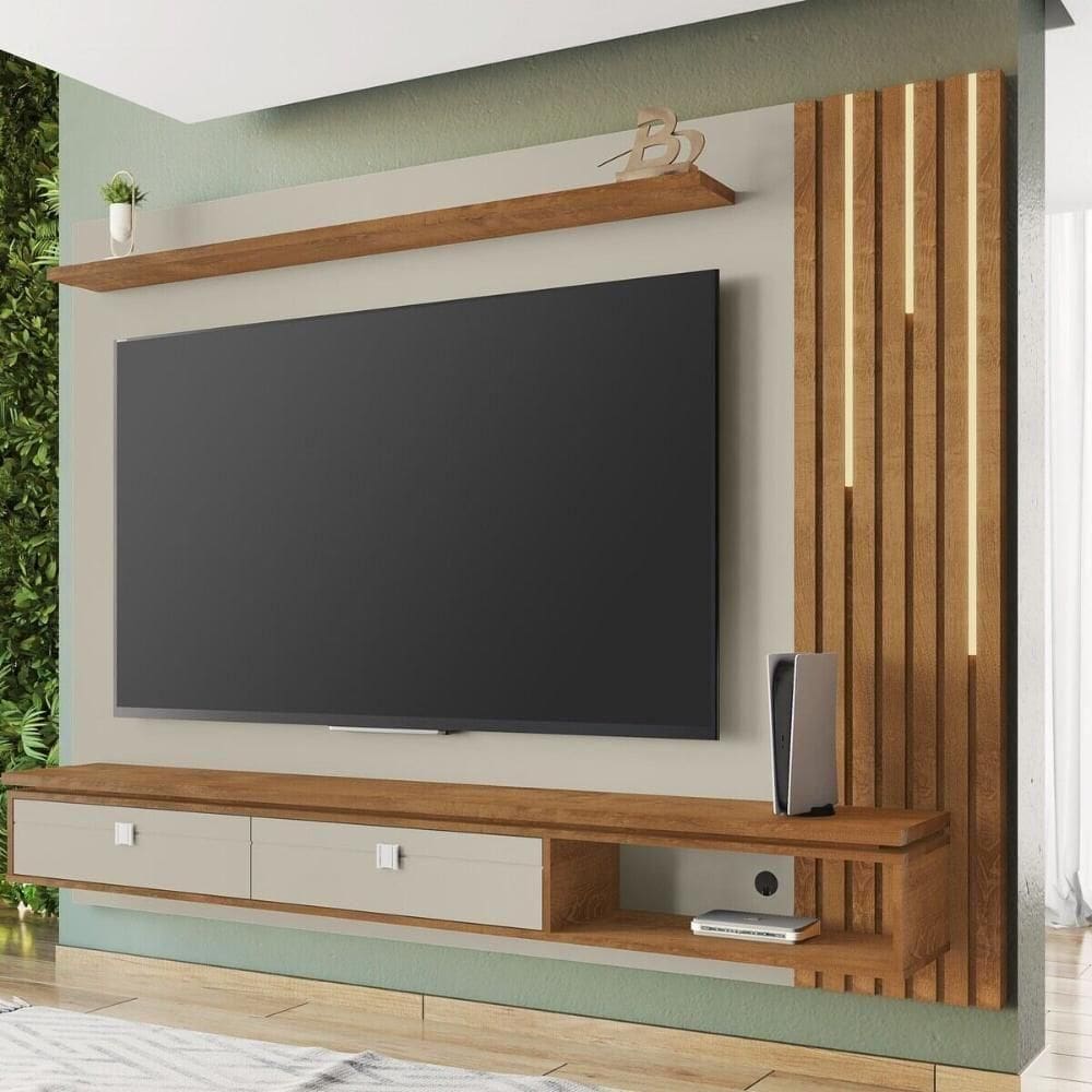 Painel Para Até 80 Polegadas Com Ripado Fita Led E 2 Gavetas Multimóveis Cr45285 Off White/naturalle