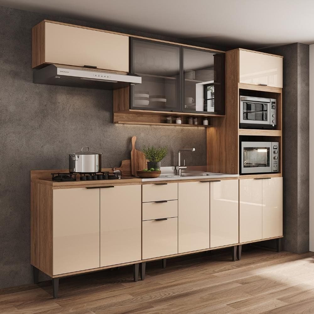 Armário De Cozinha Completa C Balcão Miami Design Carraro Off White C Freijó