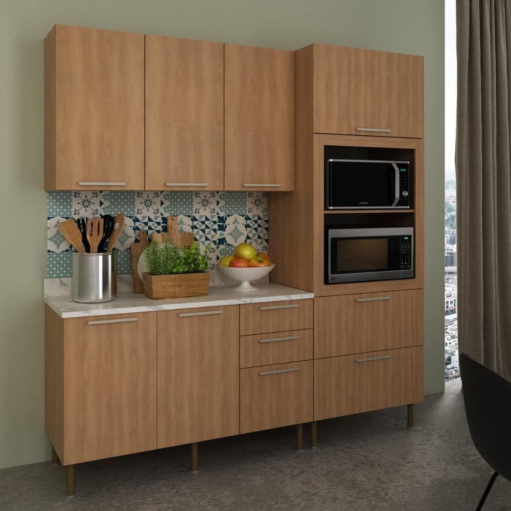 Cozinha Compacta 3 Peças Com Armário Paneleiro E Balcão Com Tampo Multimóveis Cr20450 Freijó/mármore Branco