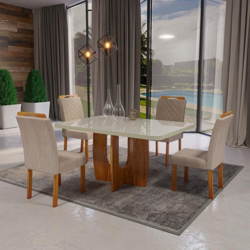 Sala de Jantar 130x90 Roma MDF/Vidro Bom Pastor 4 Cadeiras