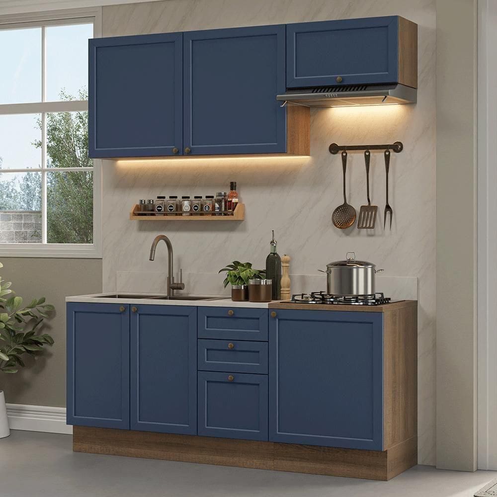 Armário De Cozinha Compacta 180 Cm Rustic/azul Vik Madesa 01 Rustic/azul