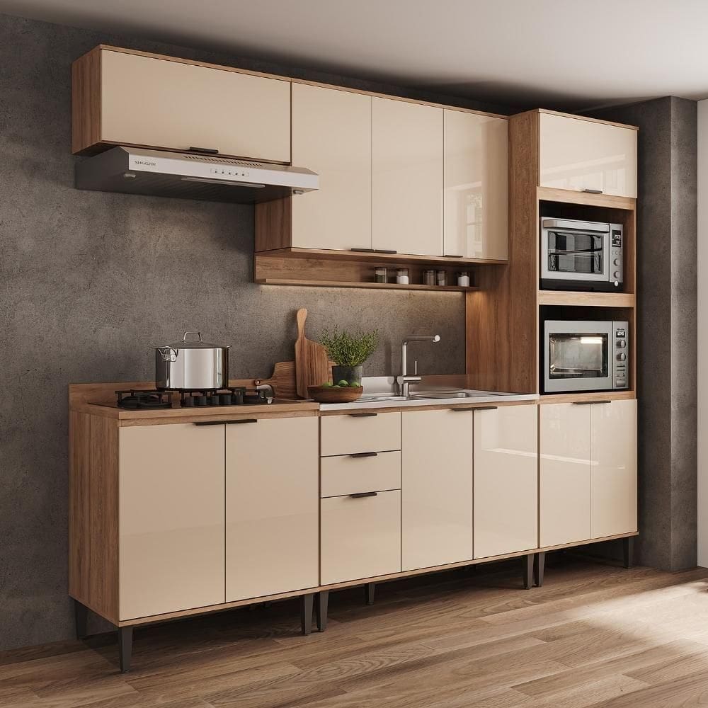 Armário De Cozinha Completa C Balcão Miami Wave Carraro Off White C Freijó