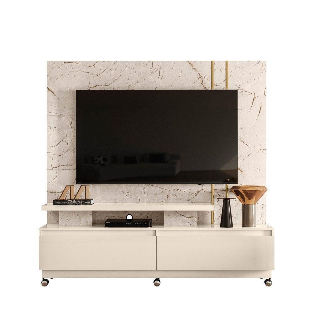 Combo Home Com Rodinhas + Painel Para 60 Polegadas New Apolo - 7 Decor Calacata E Off White
