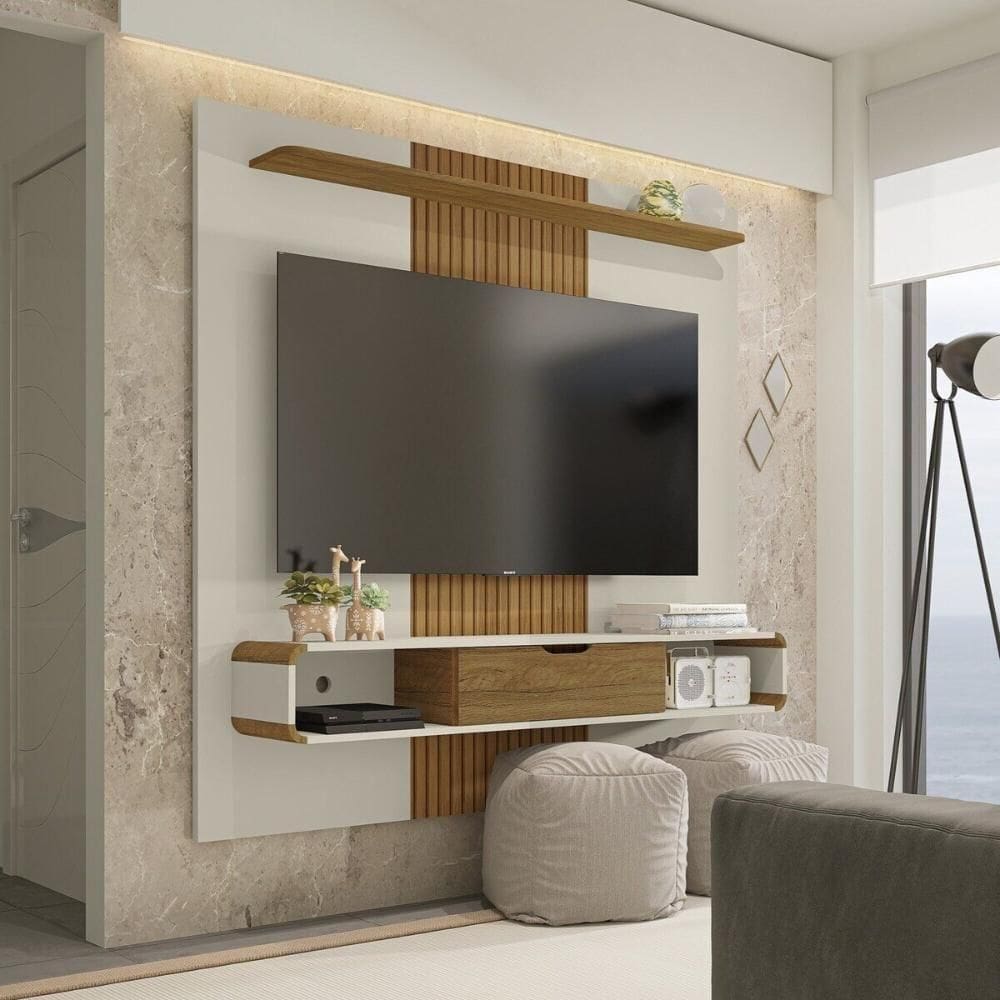 Painel Para Até 65 Polegadas Com 1 Porta Basculante E Nichos Multimóveis Cr45287 Off White/cinamomo/ripado