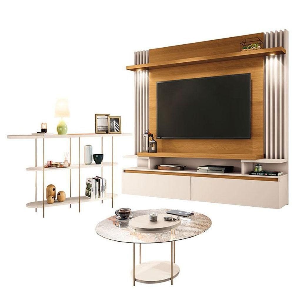 Home Suspenso Cosmo Cinamomo Off White E Aparador Infinity E Mesa De Centro Sky Com Tampo De Vidro Off White- Hb Móveis