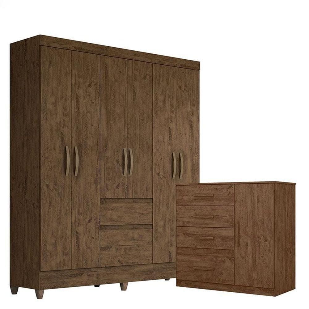 Guarda Roupa Casal New Cuba E Cômoda Venus Castanho Wood - Moval
