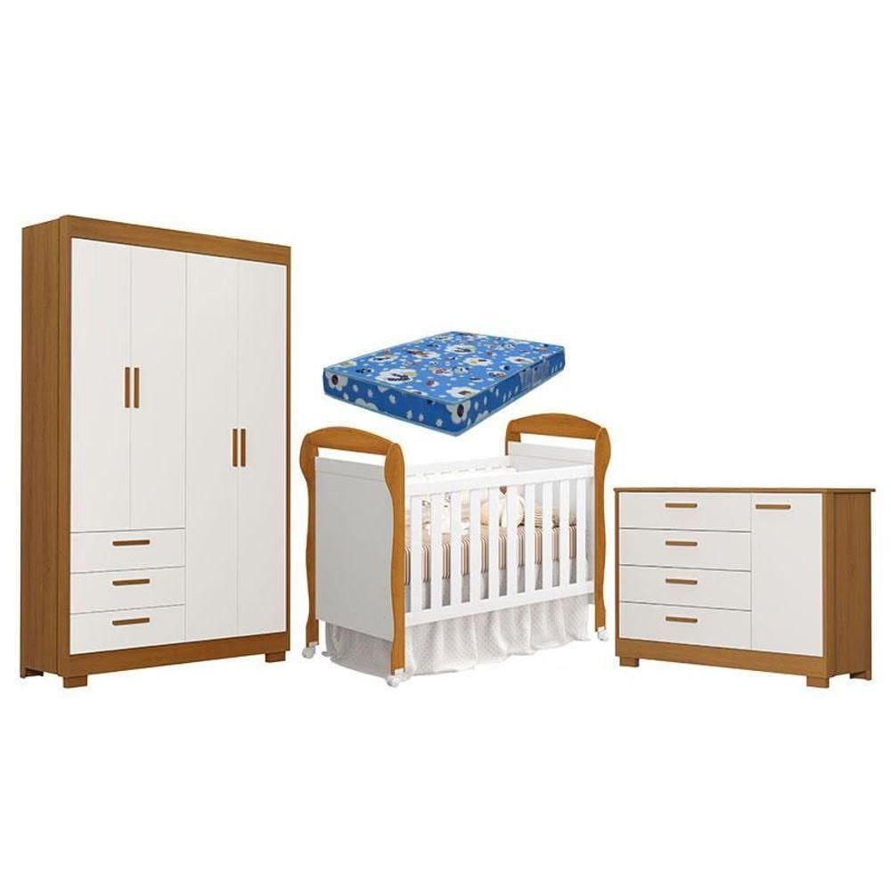 Quarto De Bebê Zaki E Berço Americano Danny Branco Acetinado Savana Com Colchão Ortobom - Reller