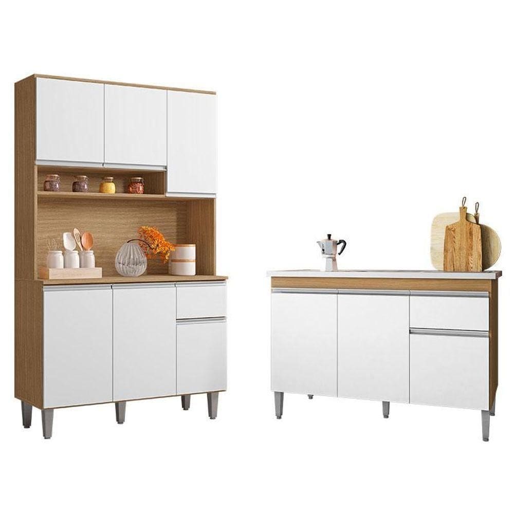 Balcão De Pia Tatiane 120cm E Armário Cozinha Kit Márcia Amêndoa Branco - Ajl