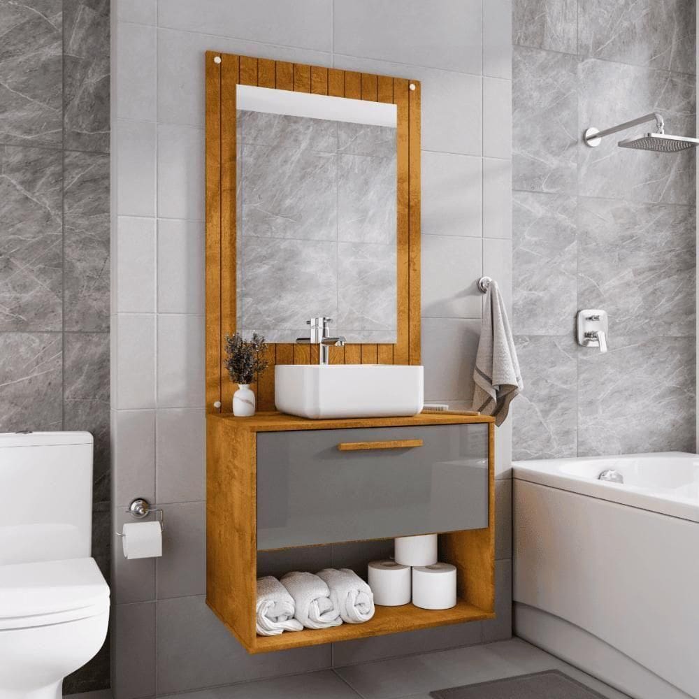 Conjunto Gabinete C/ Espelheira Para Banheiro Zenit Naturalle/titanium