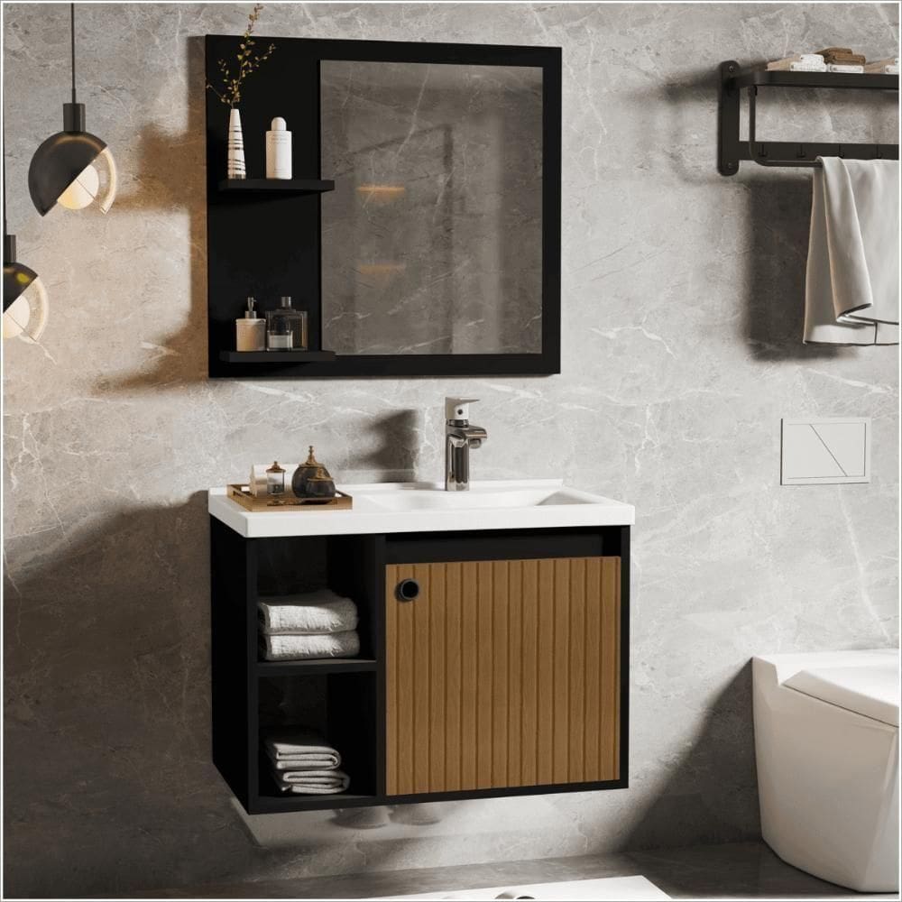 Conj Gabinete C/ Espelheira E Cuba Para Banheiro Adonis Preto Ripado