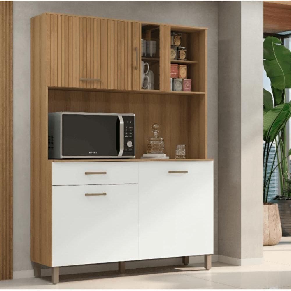 Kit Cozinha Viena Completa Com Armários Estantes E Nichos Para Utensílios E Eletrodomésticos Branco Ripado