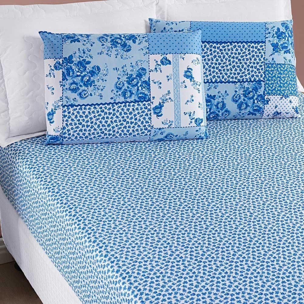 Jogo De Cama Lençol Dallas Solteiro Microfibra 2 Peças - Azul Sereno Patchwork