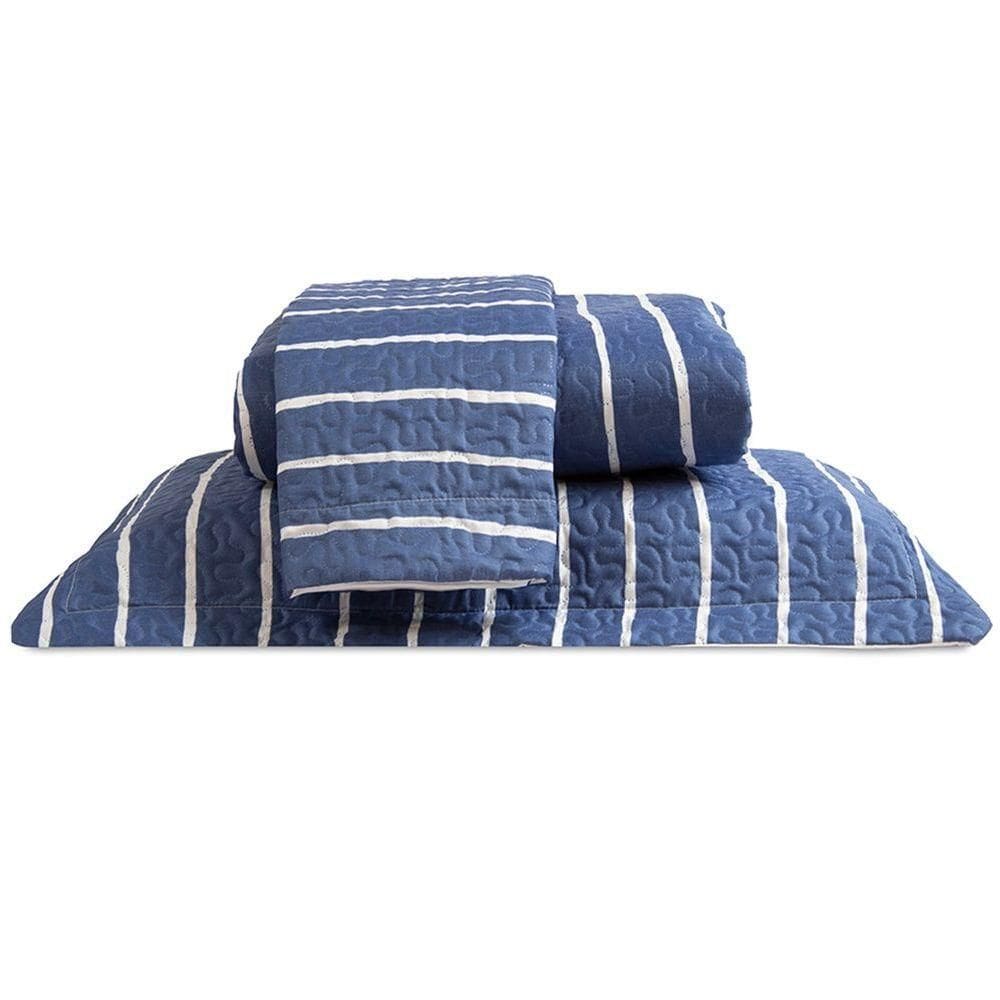 Cobre Leito Queen Bouti Basic Estampado 180 Fios 3 Peças - Listra Azul Marinho