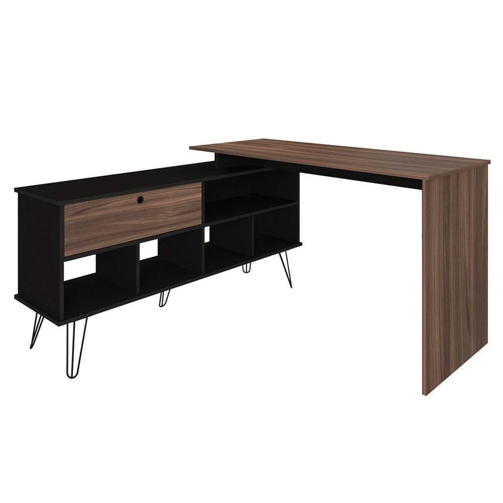 Mesa Escrivaninha Em L Com Porta E 6 Nichos Hawaii Ipê/preto