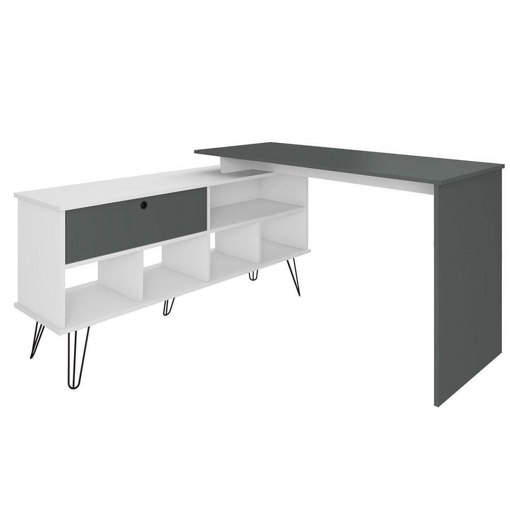 Mesa Escrivaninha Em L Com Porta E 6 Nichos Hawaii Branco/grafito