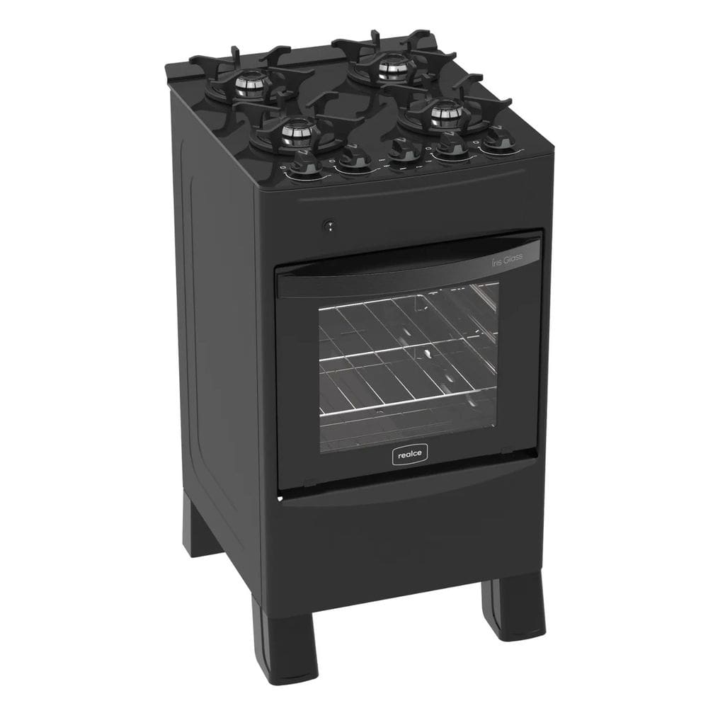 Fogão 4 Bocas Preto Iris Glass com Forno 50 L em Aço Inox Realce
