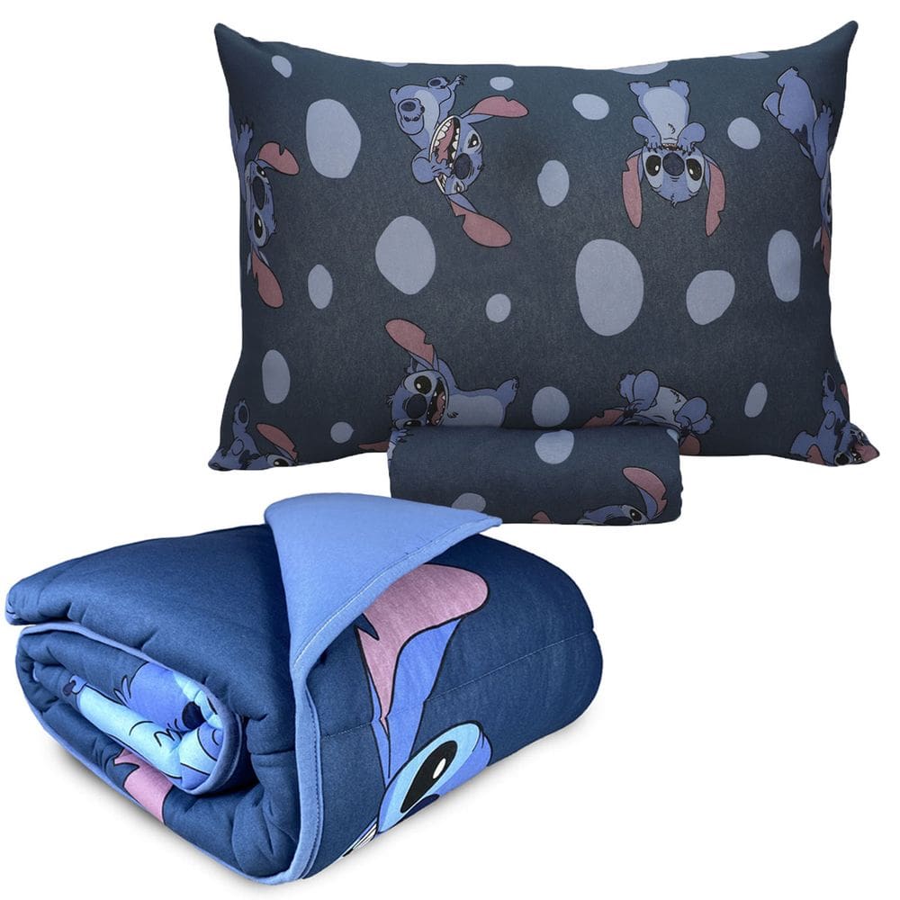 Kit Jogo De Cama + Edredom Solteiro Stitch Em Malha Infantil Disney 3 Peças Portallar