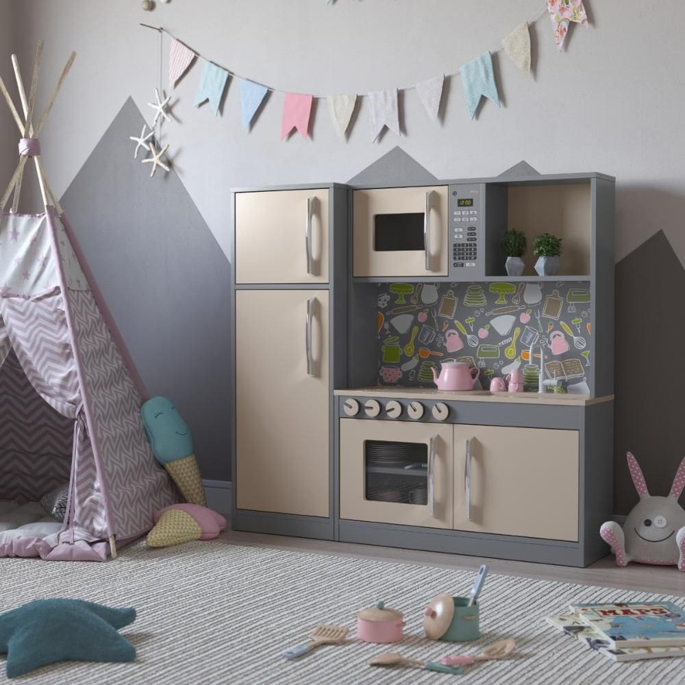 Cozinha Infantil Completa c/ Microondas Forno Fogão e Refrigerador Helena Cinza