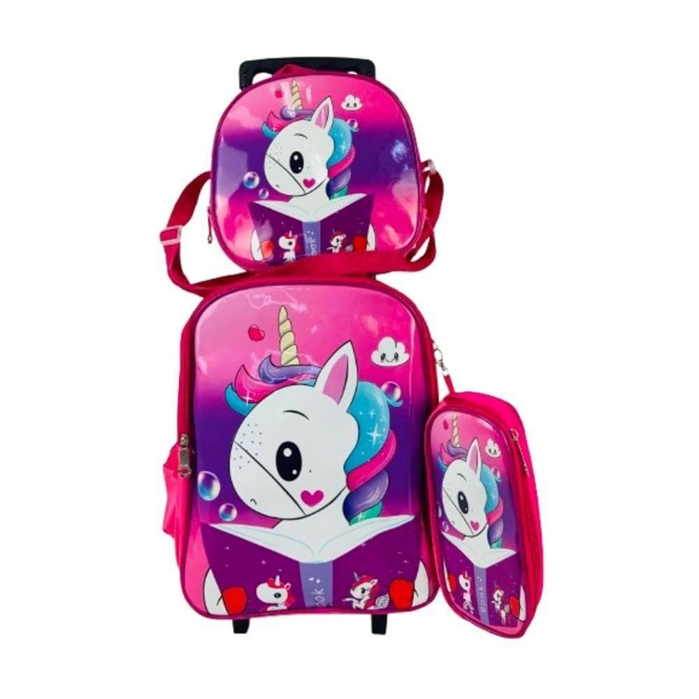 Kit Mochila Infantil Com Rodinhas Para Meninas Unicórnio Escolar Estojo Lancheira Térmica Bolsa Carrinho Impermeáve