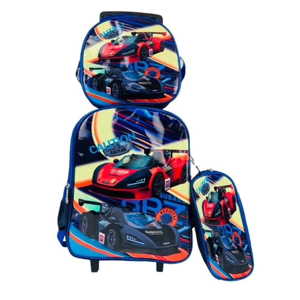 Kit Mochila Infantil Para Meninos Com Rodinhas Carros Escolar Estojo Lancheira Térmica Bolsa Carrinho Impermeável