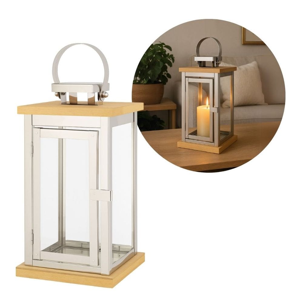 Lanterna Decorativa Madeira e Inox Prime 21cm x 12cm