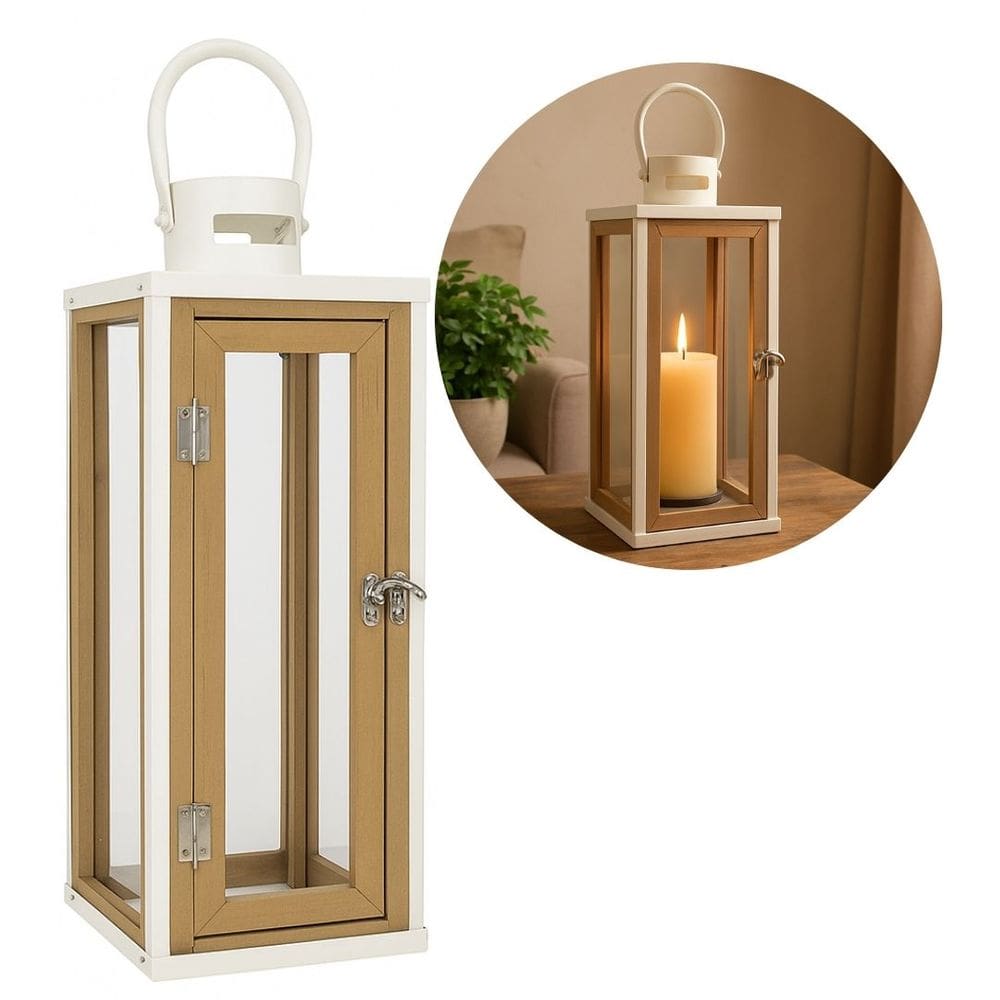 Lanterna Decorativa Metal Branco Prime e Madeira com Vidro 38cm x 13cm