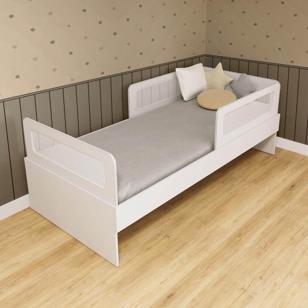 Cama Solteiro Mdf Branco com 02 Grades e Cabeceira Telinha Anatômica Mobilistore