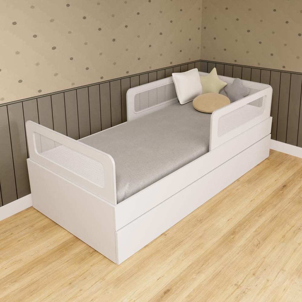 Bicama Solteiro Mdf Branco com 02 Grades e Cabeceira Telinha Anatômica Mobilistore