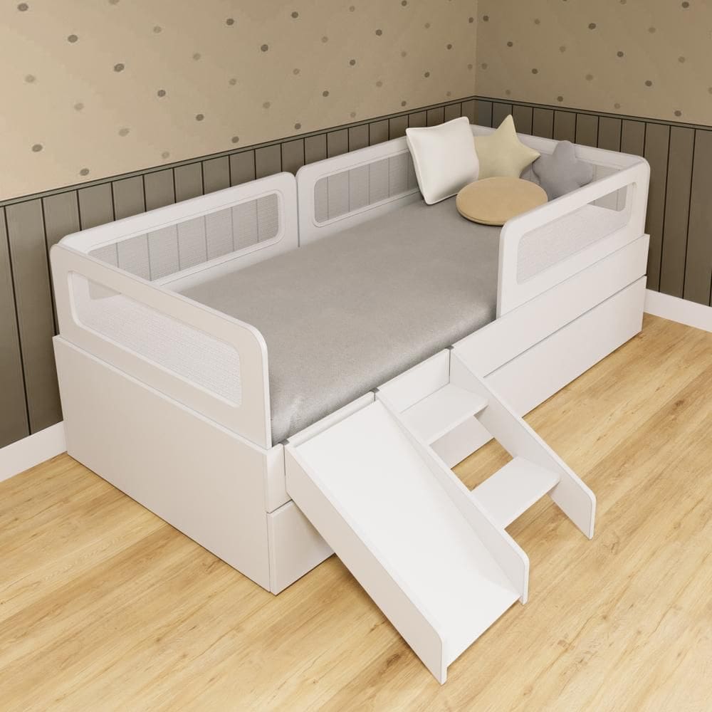 Bicama Solteiro Mdf Branco com Escadinha/Escorrega 03 Grades e Cabeceira Telinha Anatômica Mobilistore