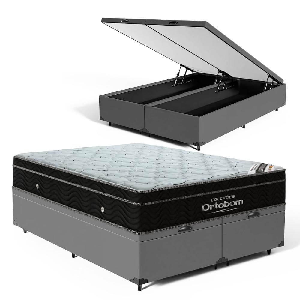 Cama Box Baú com Colchão de Molas Ensacadas Ortobom Elegante Super Pillow In Queen 158cm