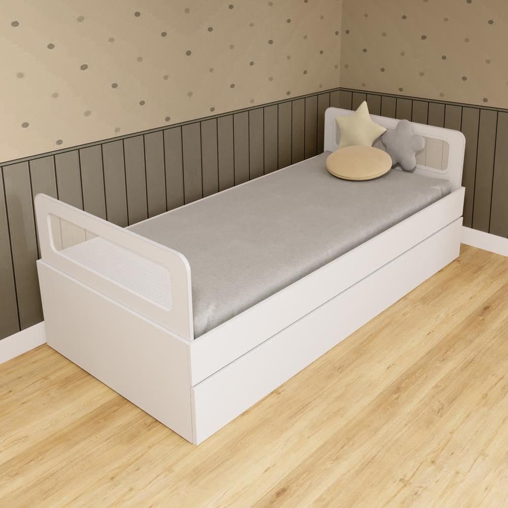 Bicama Solteiro MDF Branco com Cabeceira Telinha Anatômica Mobilistore