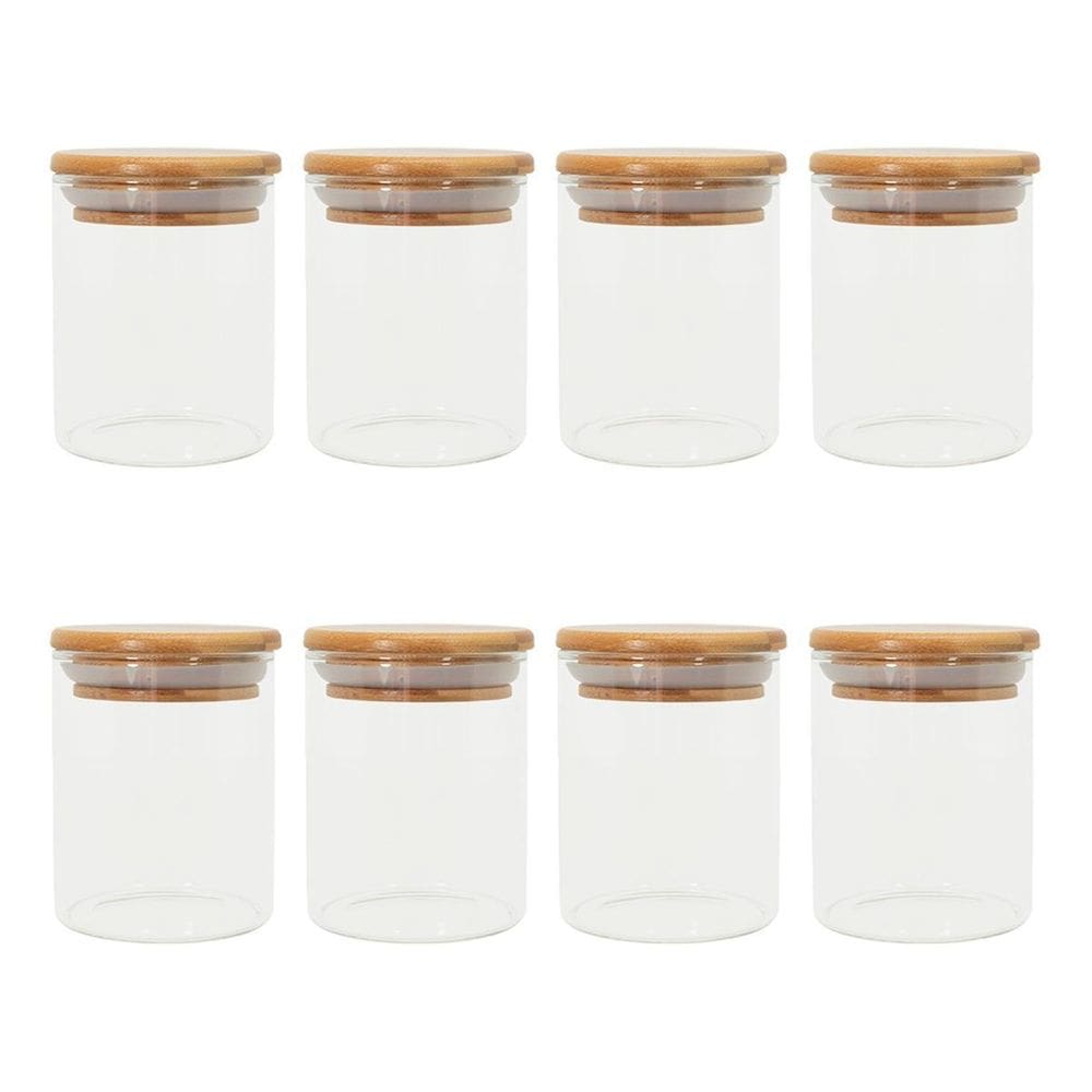 Kit 8 Pcs Pote De Vidro Com Tampa De Bambu Hermético 200Ml