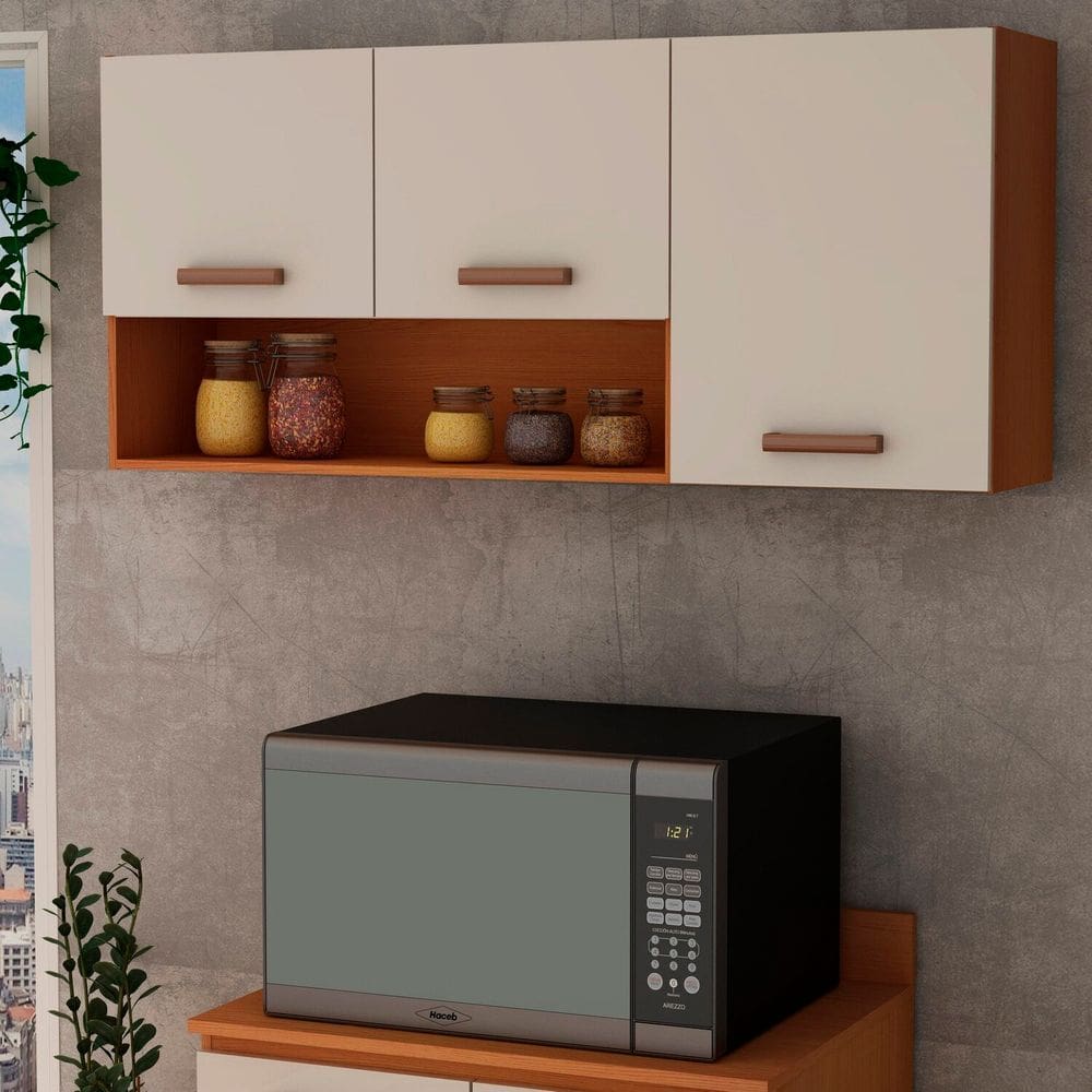 Armário para Cozinha Aéreo 3 Portas Essência Freijó/Off White