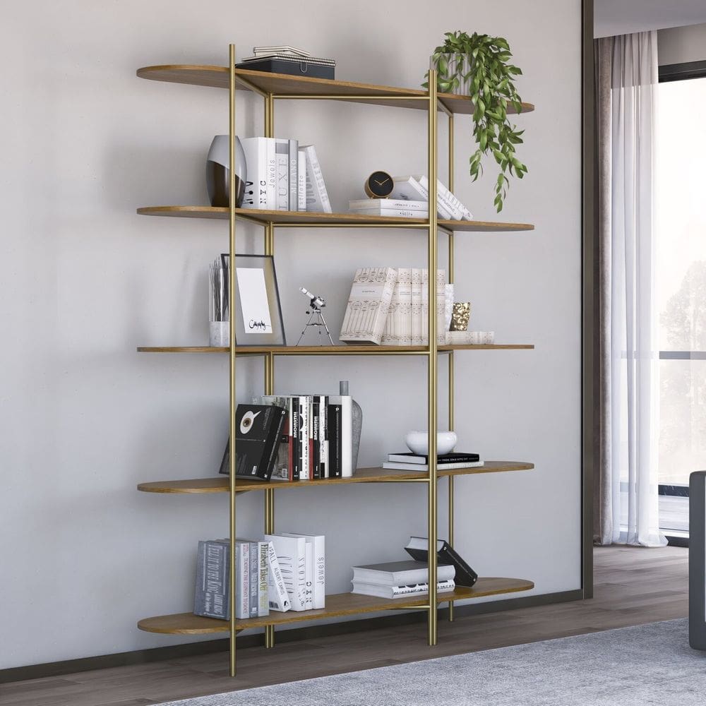 Estante para Livros 5 Prateleiras Gaia Espresso Móveis Carvalho/ Dourado