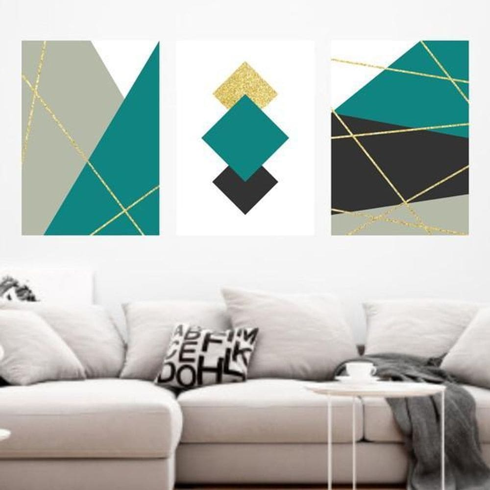 Kit 3 Quadros Linhas Douradas - Turquesa 33X24Cm Branca
