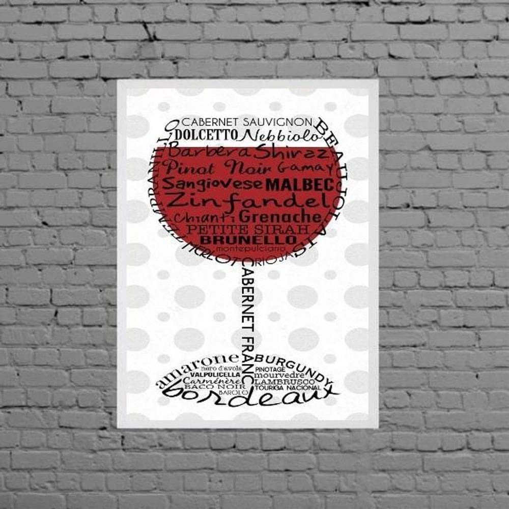 Quadro Taça De Vinho Nomes Uvas 24X18Cm - Com Vidro