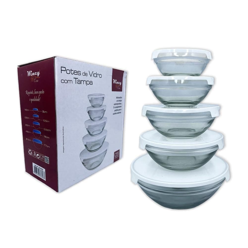 Kit Conjunto 5 Potes De Vidro Herméticos Com Tampa Cozinha