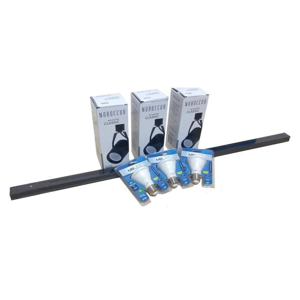 Kit Trilho Eletrificado 1M 3 Spot + 3 Lampadas Par20 3000K