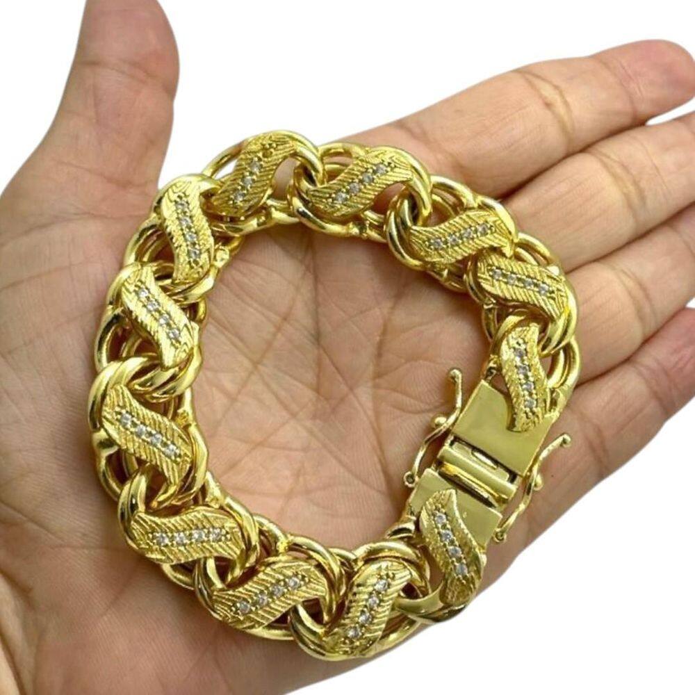 Pulseira Friso S 16Mm Cravejada Banhado A Ouro 18K 750
