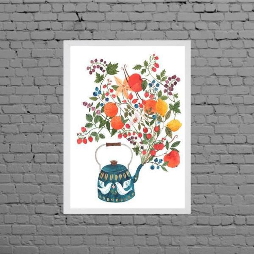 Quadro Decorativo Bule Com Flores 45X34Cm Moldura Branca
