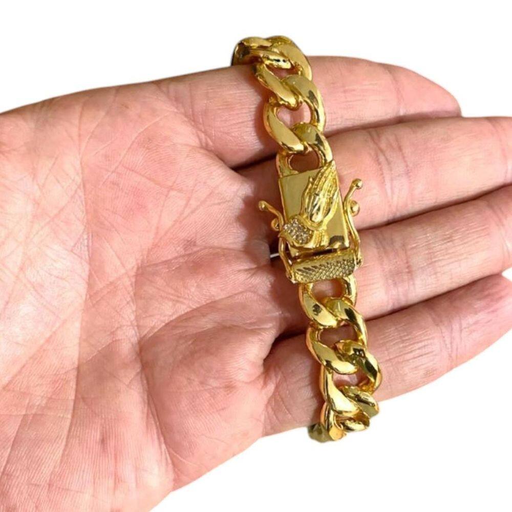 Pulseira Pit Bull 13Mm Mão Oração Banhado A Ouro 18K